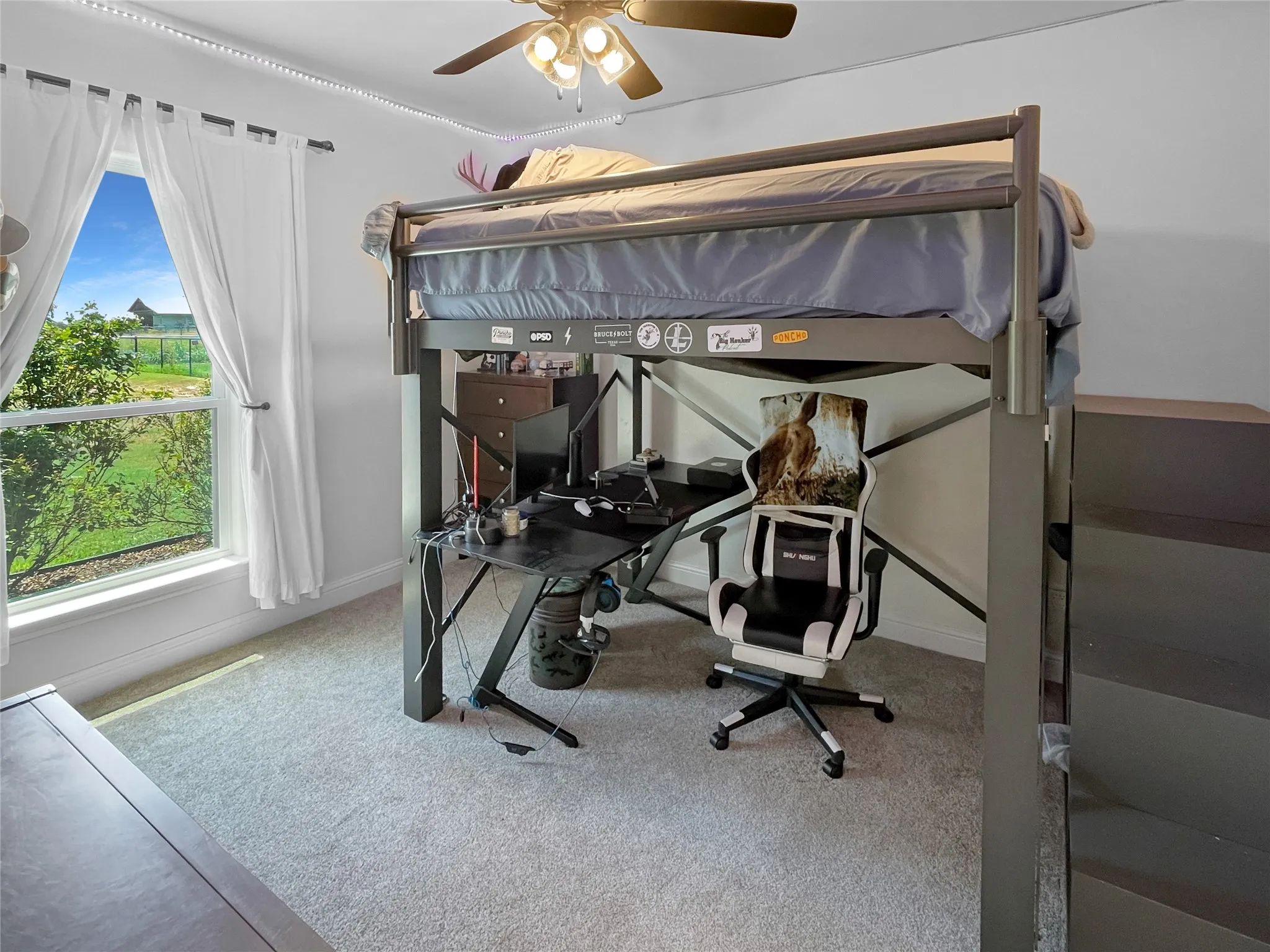 Carpeted flooring, window with white trim, and a ceiling fan
