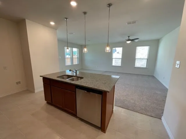Kitchen island with a double basin sink and integrated dishwasher