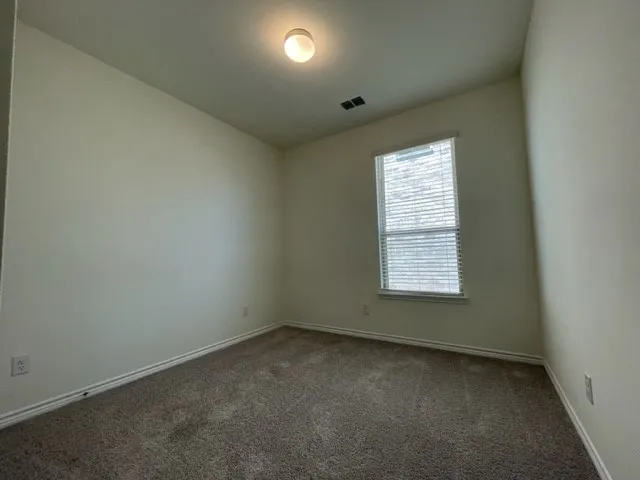 Neutral wall finishes with a window featuring blinds, textured carpet flooring, and a ceiling-mounted light fixture