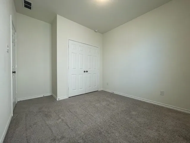 Plush carpeting, neutral wall colors, white trim, and a white paneled closet door