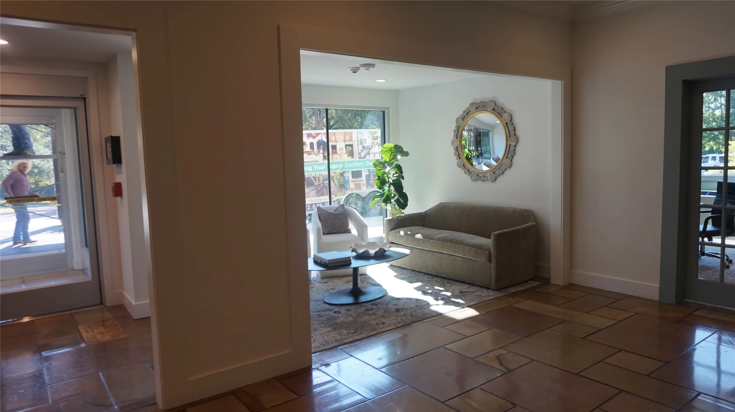 Expansive tile flooring with varied tones