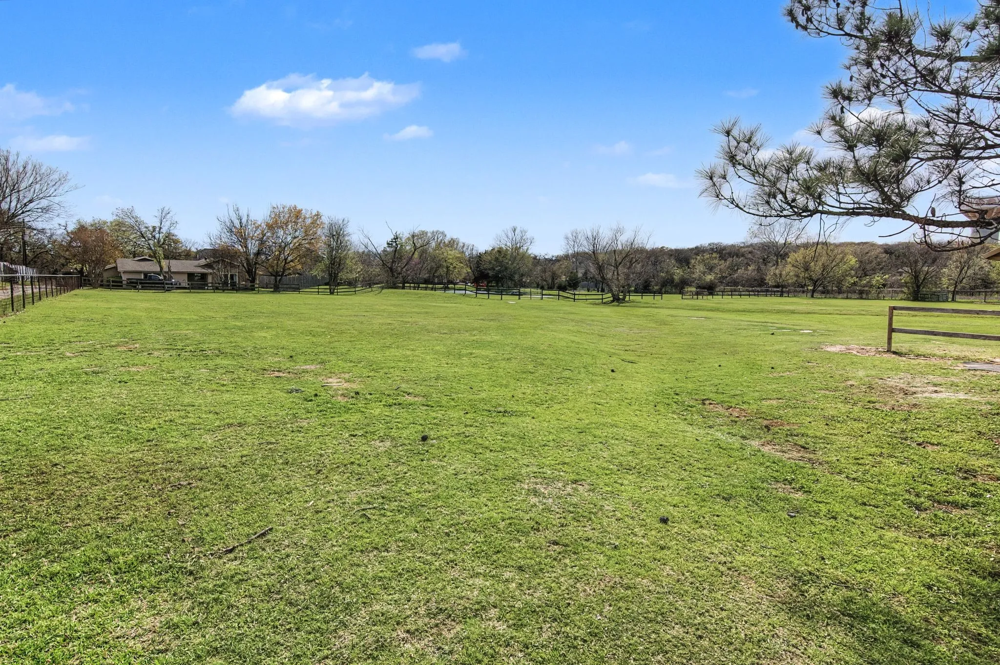 Expansive grassy field with perimeter fencing and distant trees