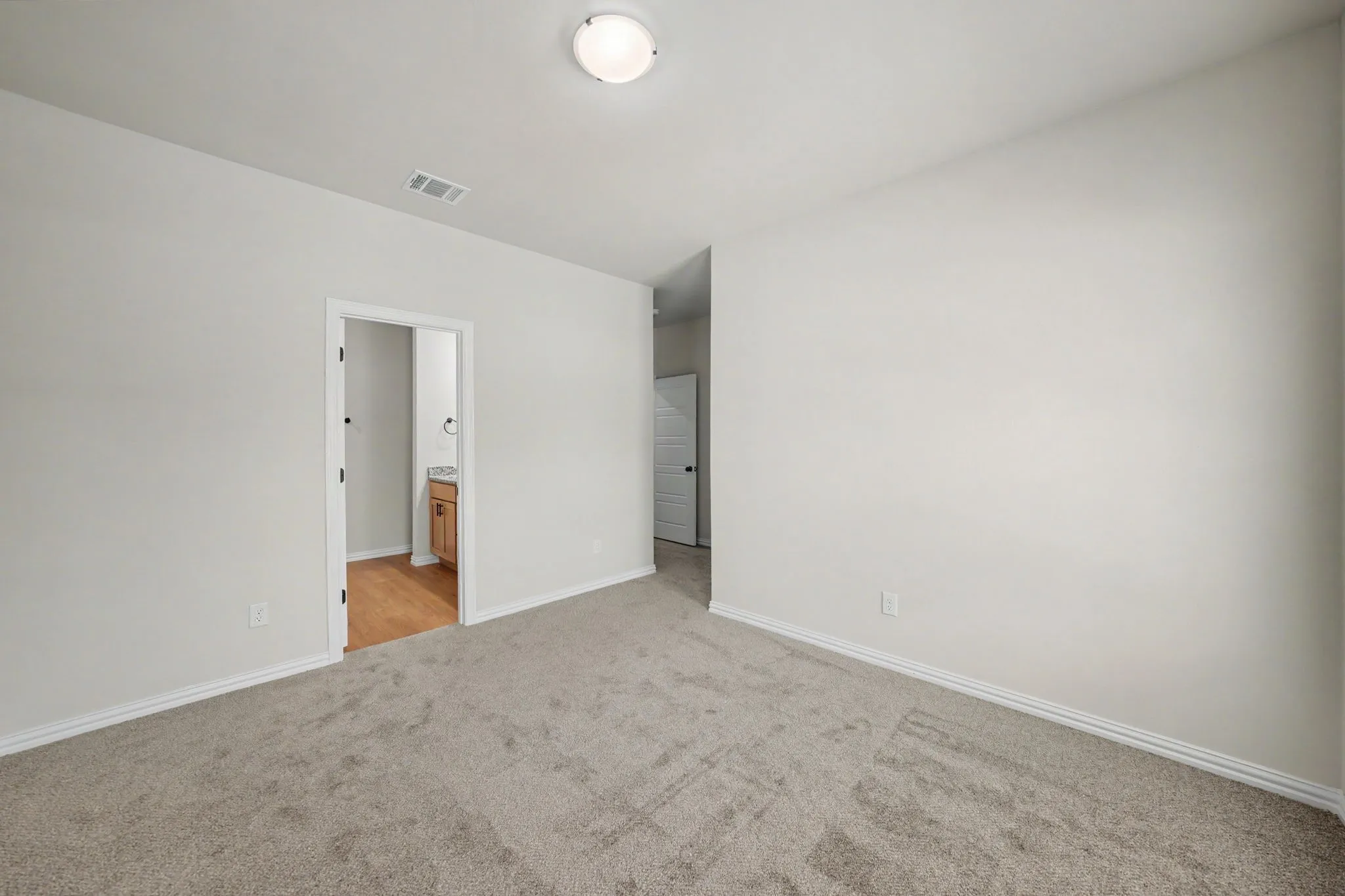 Neutral wall color, wall-to-wall carpeting, flush-mount ceiling light, and an open doorway