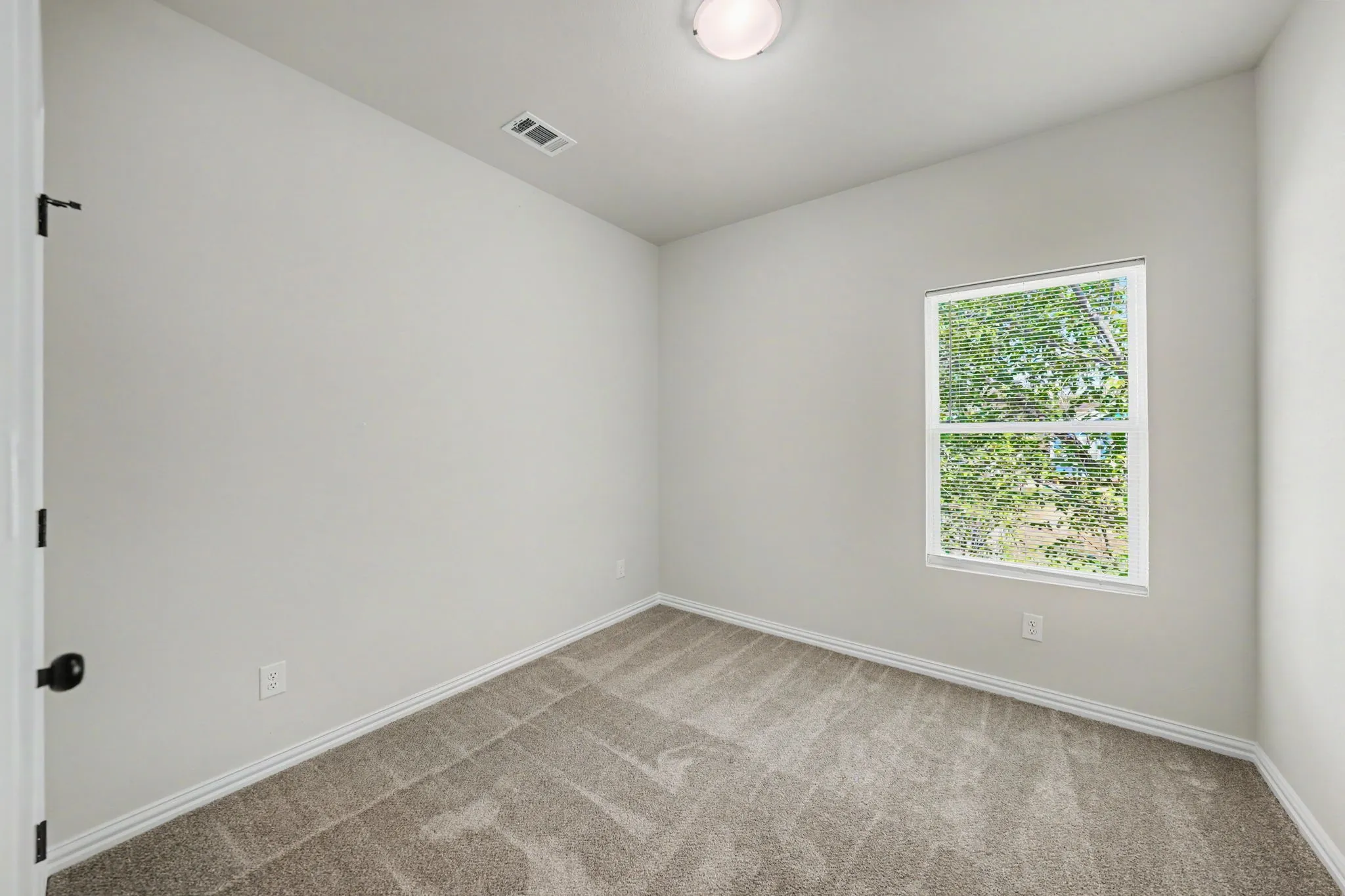 Light gray wall paint, textured carpet flooring, single window, white trim, flush mount ceiling light