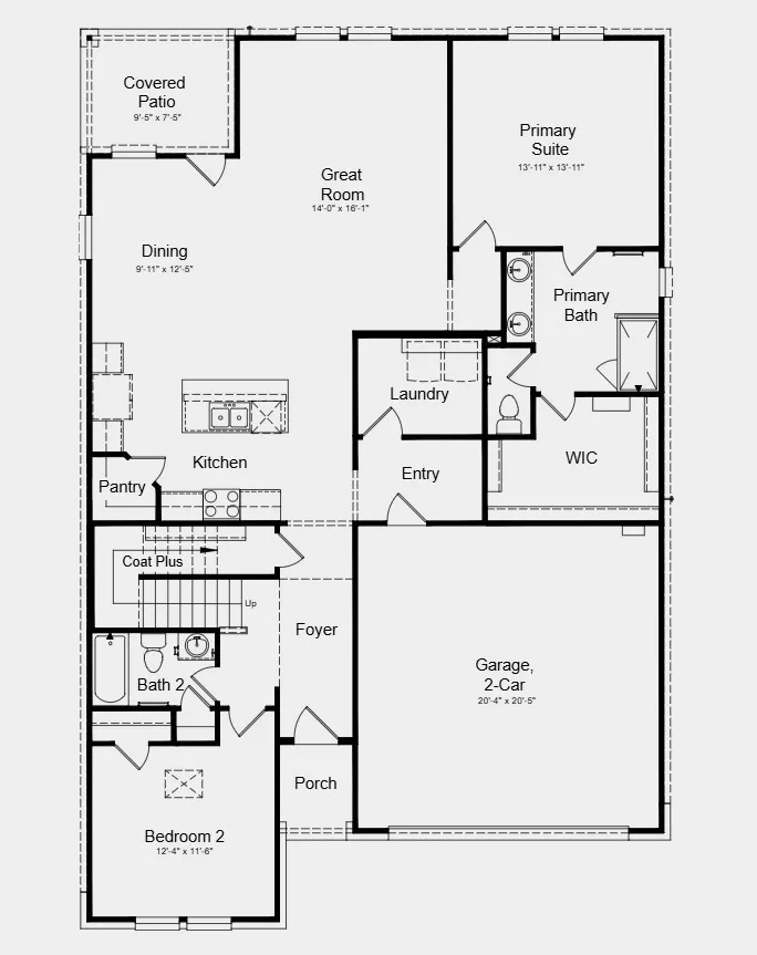 First Floor Plan - Additional Highlights Include: granite countertops, sprinkler system, and a gas drop at the covered patio