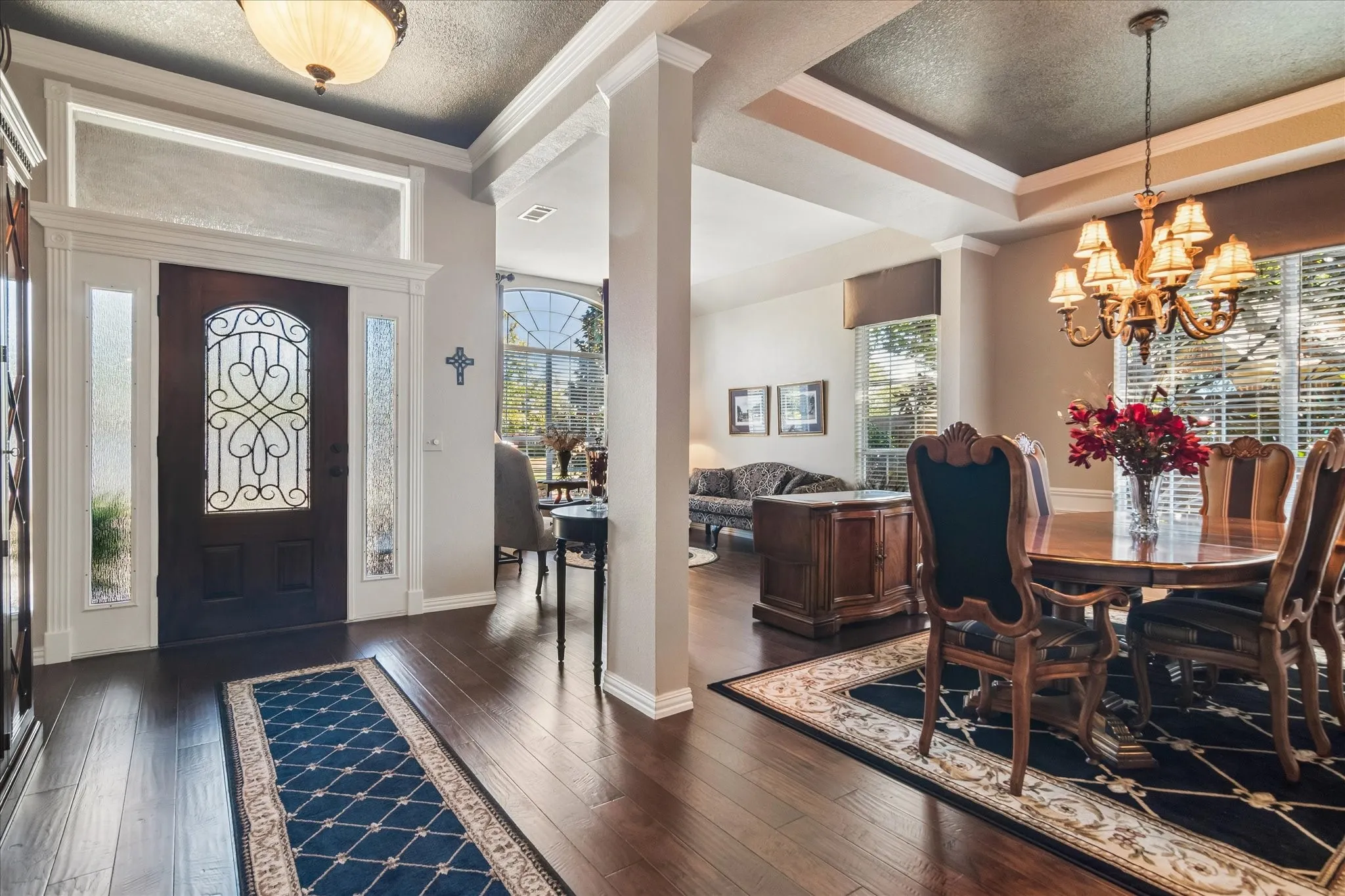 Dark wood-finish flooring throughout