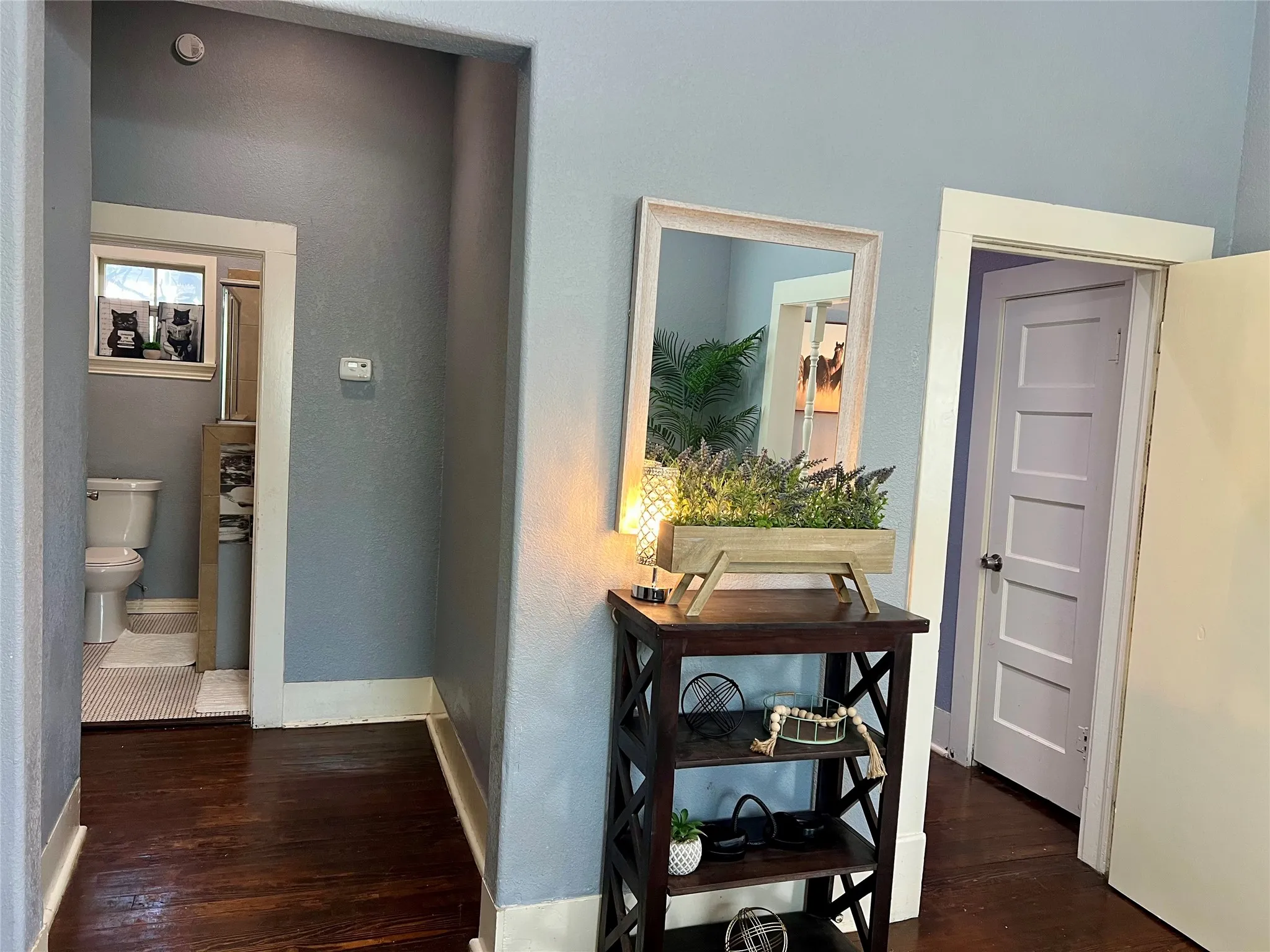 Dark wood-finish flooring with white trim, a toilet with a window, and a paneled interior door