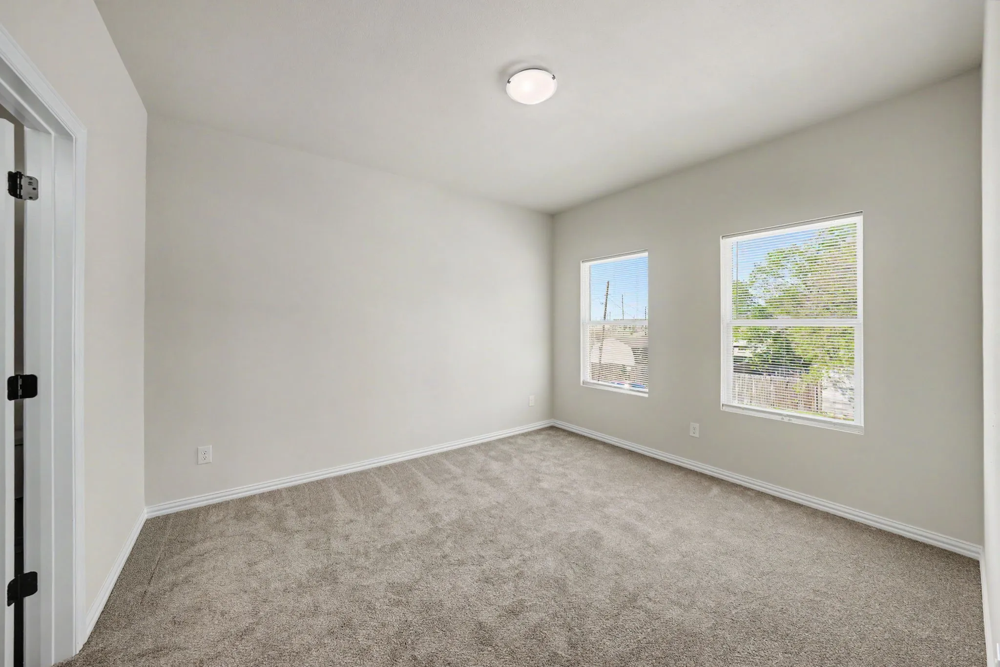 Room featuring light gray carpet, two windows, and a flush mount ceiling light fixture