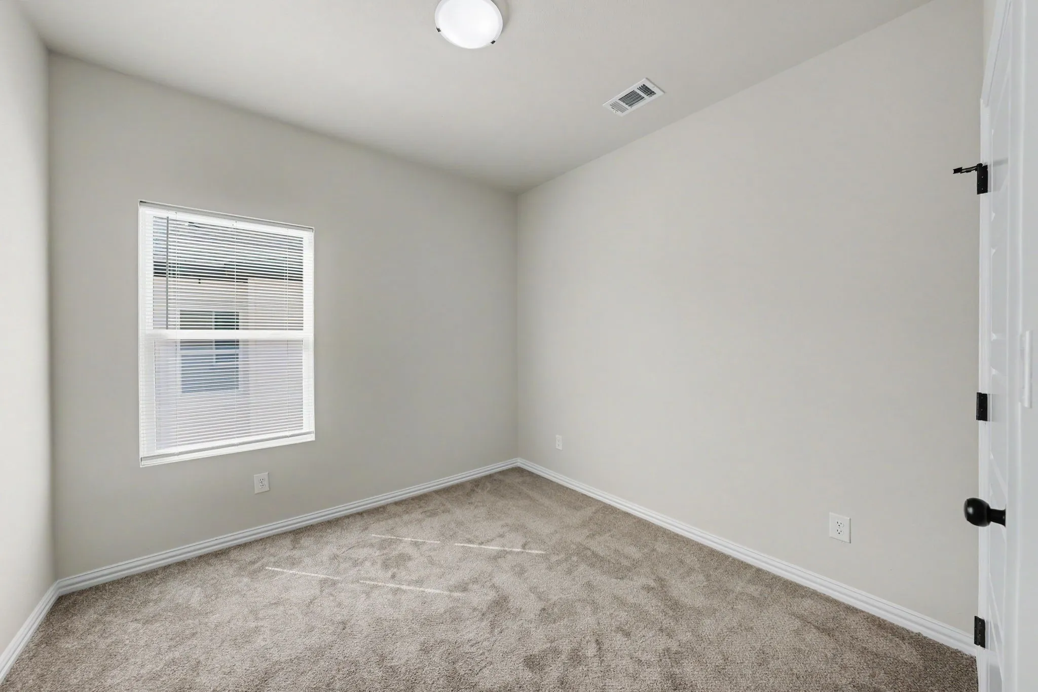 Carpeted flooring, single window with blinds, white trim, flush mount ceiling light, and a white paneled door with dark hardware