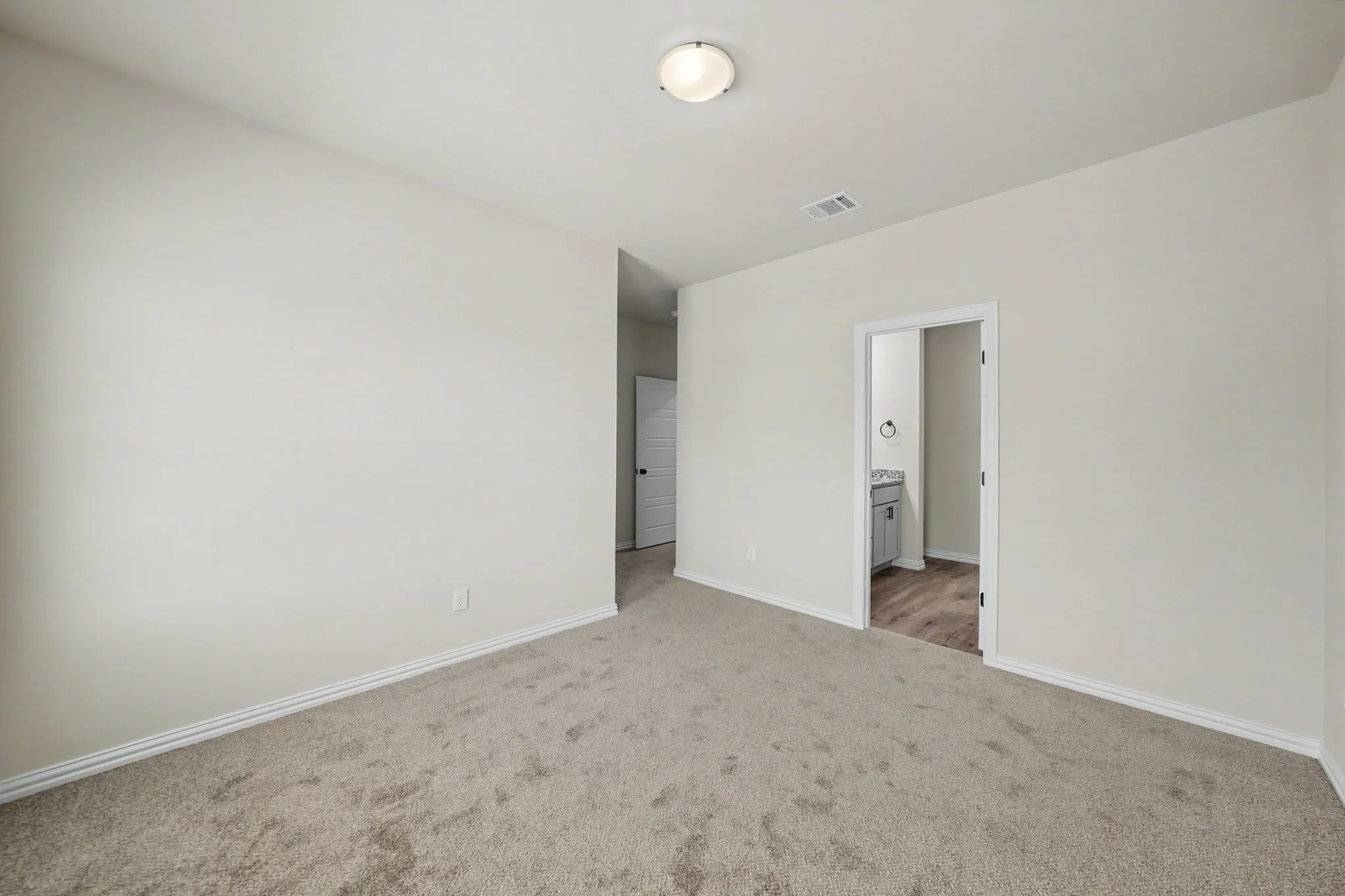 Neutral painted walls, carpeted flooring, overhead flush-mount lighting, and a white interior door frame