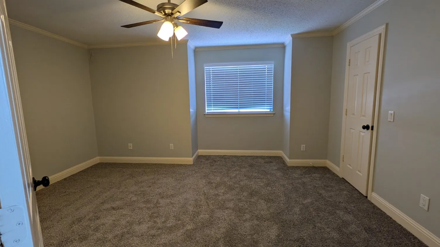 Wall-to-wall carpeting, window with blinds, ceiling fan with light fixture, paneled interior door, and crown molding