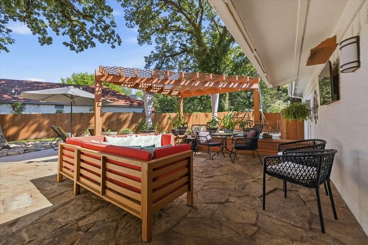 Flagstone patios and built-in seating.
