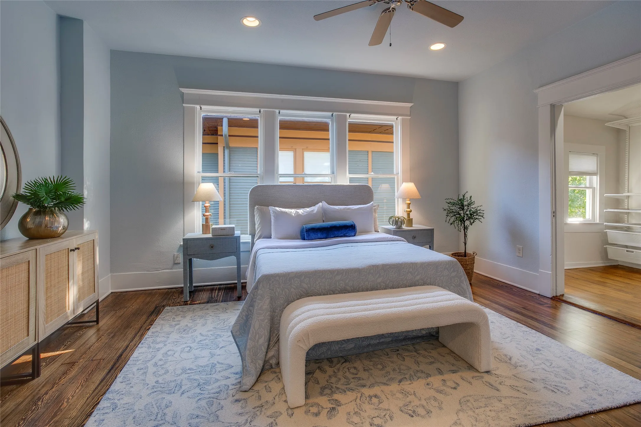 Southwest upstairs corner bedroom with walk-in closet