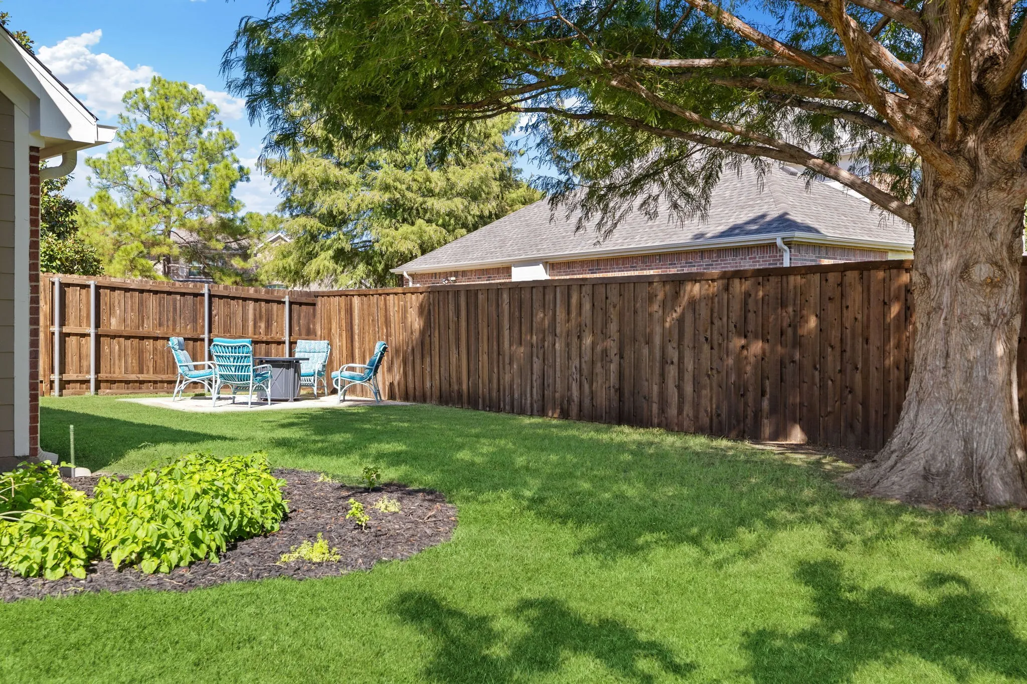 Expansive backyard featuring a manicured lawn, established shade tree, and wood privacy fencing
