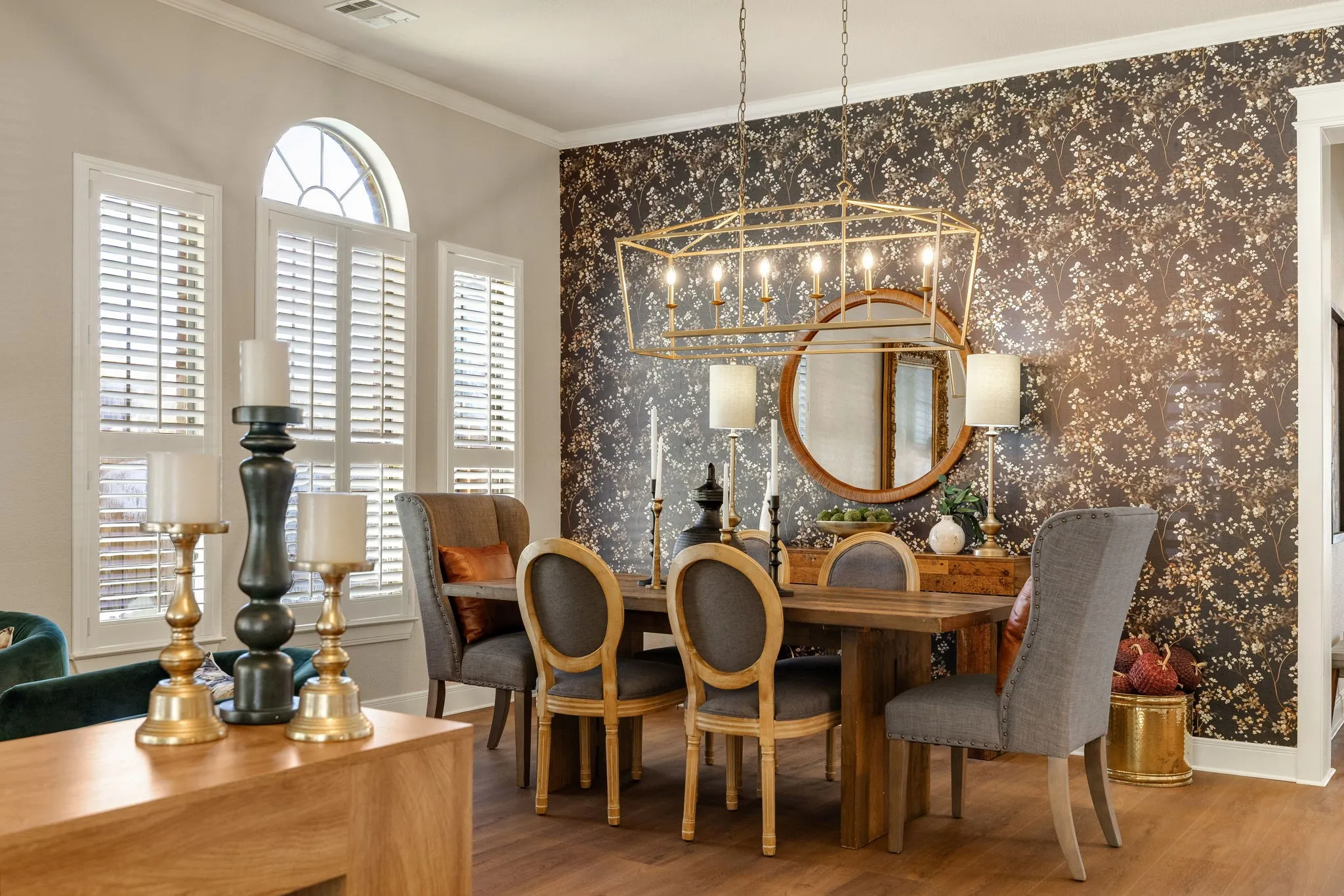 Wood-finish flooring with a decorative accent wall