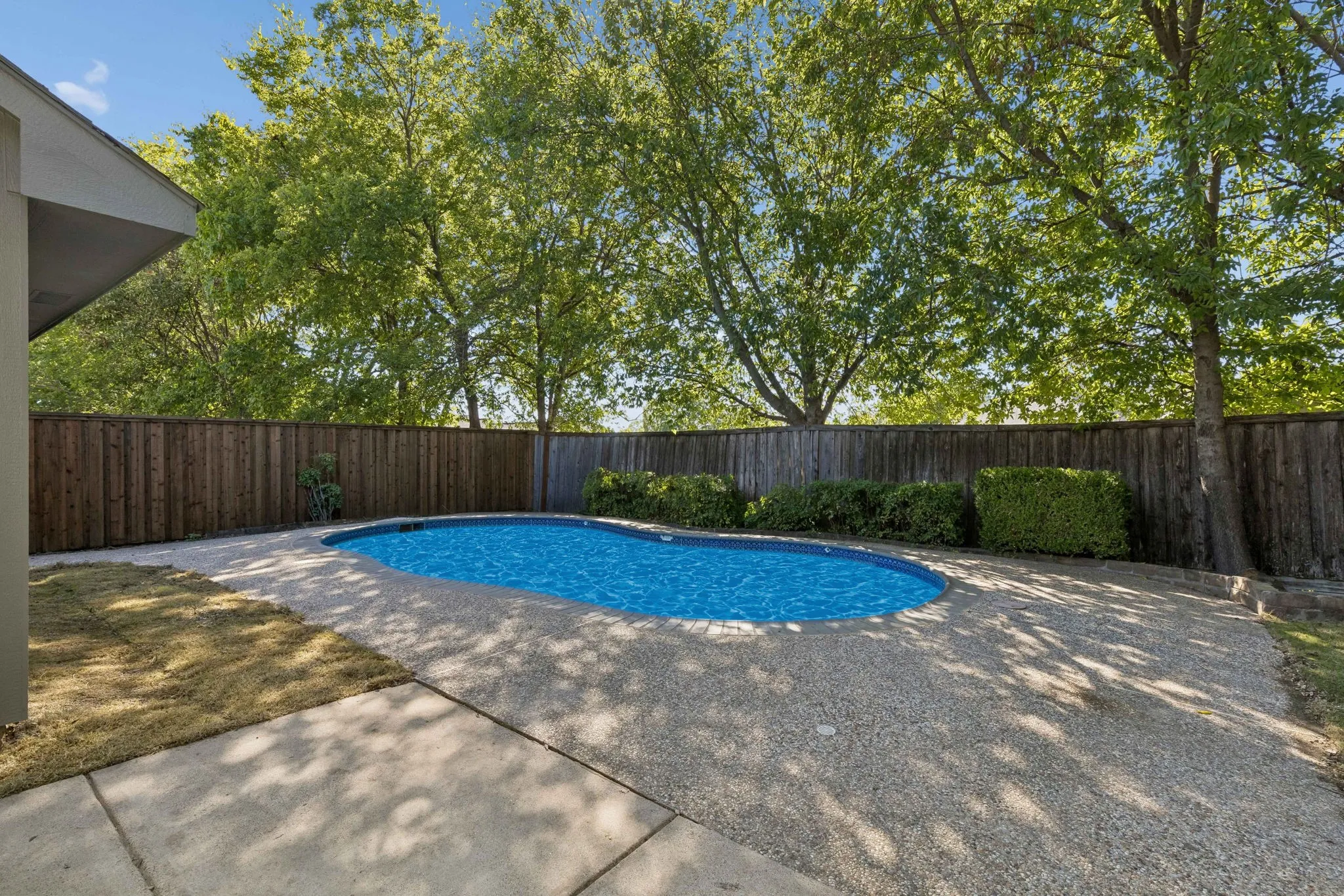 Welcome to the backyard! This beautiful backyard has beautiful shade trees, a large pool and lots of patio space.