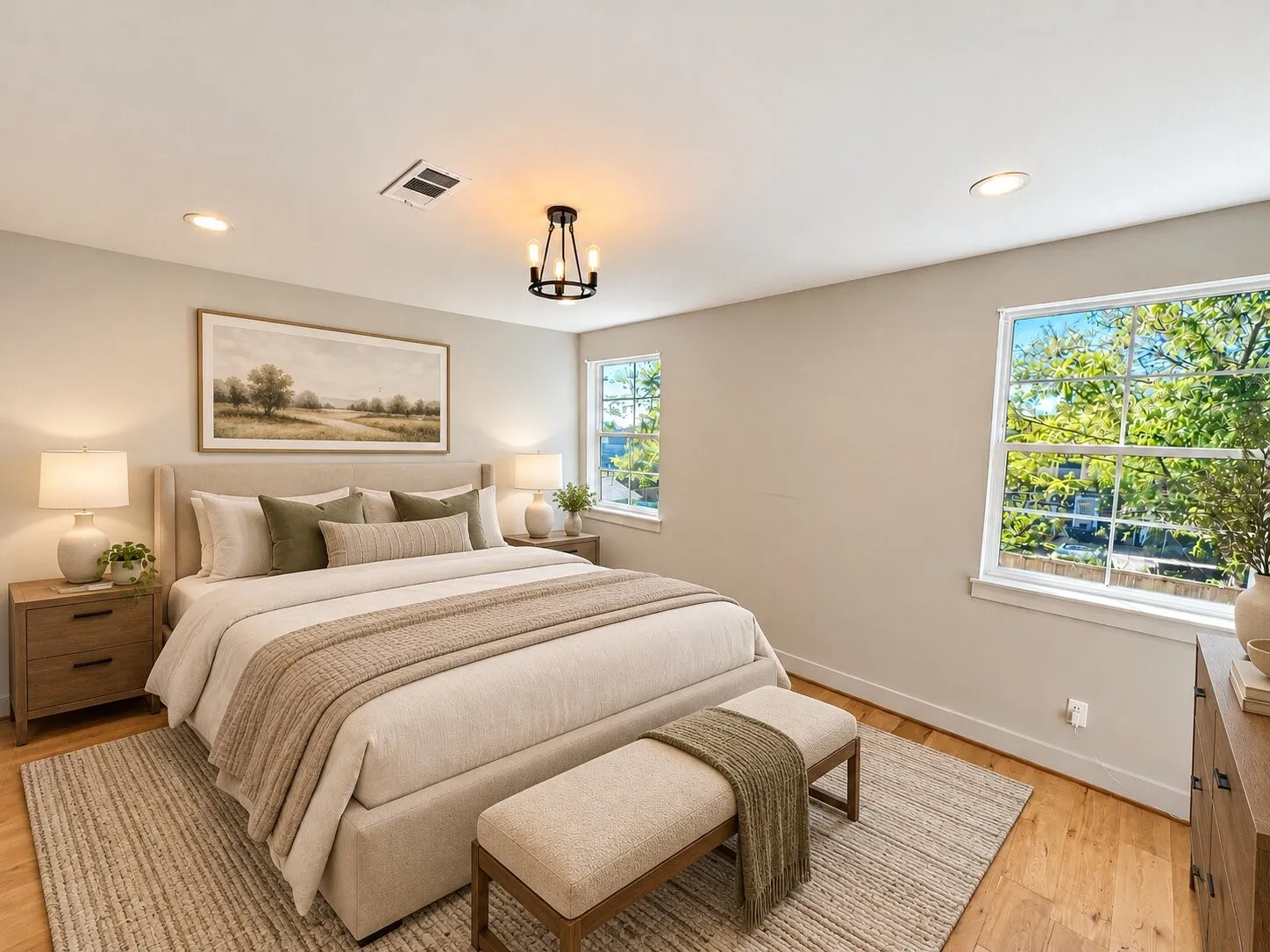 Virtually staged -Hardwood-finish flooring, recessed lighting, and a modern chandelier