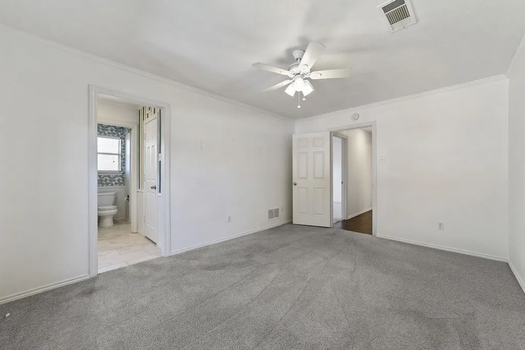 Carpeted room with white walls, a ceiling fan, and crown molding
