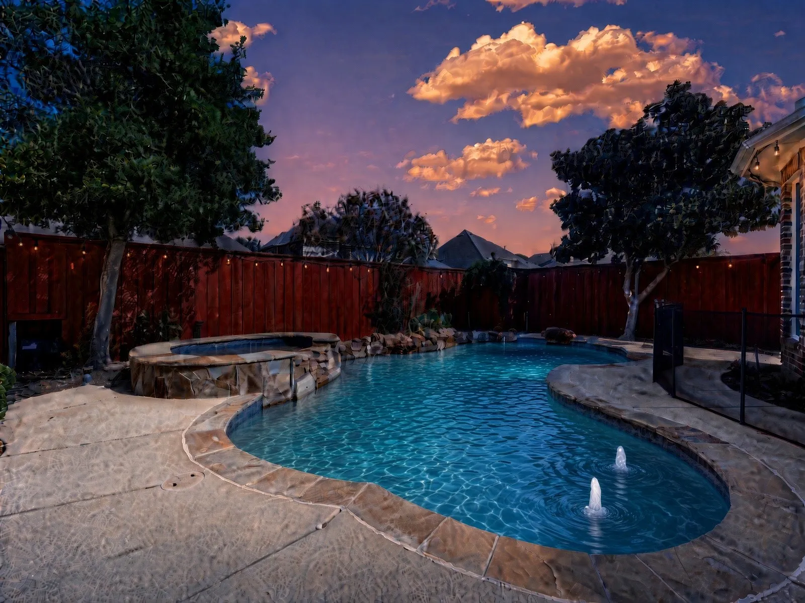 Freeform swimming pool with stone coping, an integrated spa with stone surround, and decorative water features