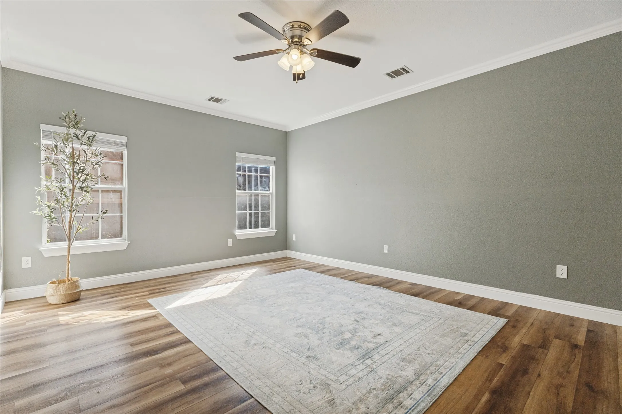 Oversized primary bedroom right off the living room with great natural lighting