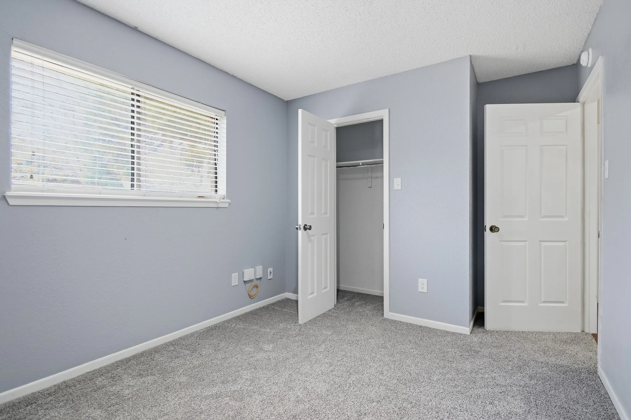 Wall-to-wall carpeting, window with horizontal blinds, built-in closet with hanging rod, and white paneled doors