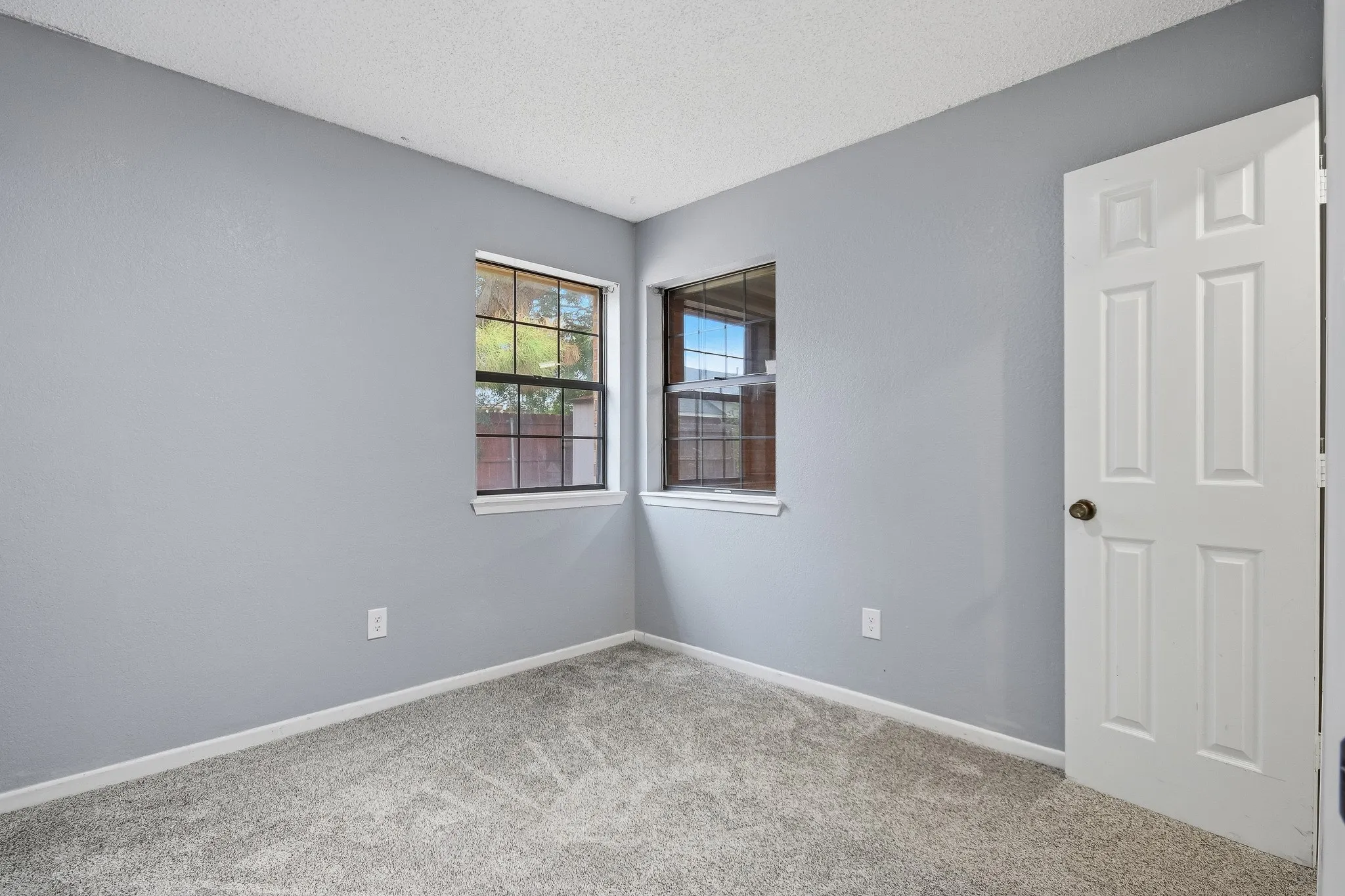 Textured gray carpet and light gray wall paint