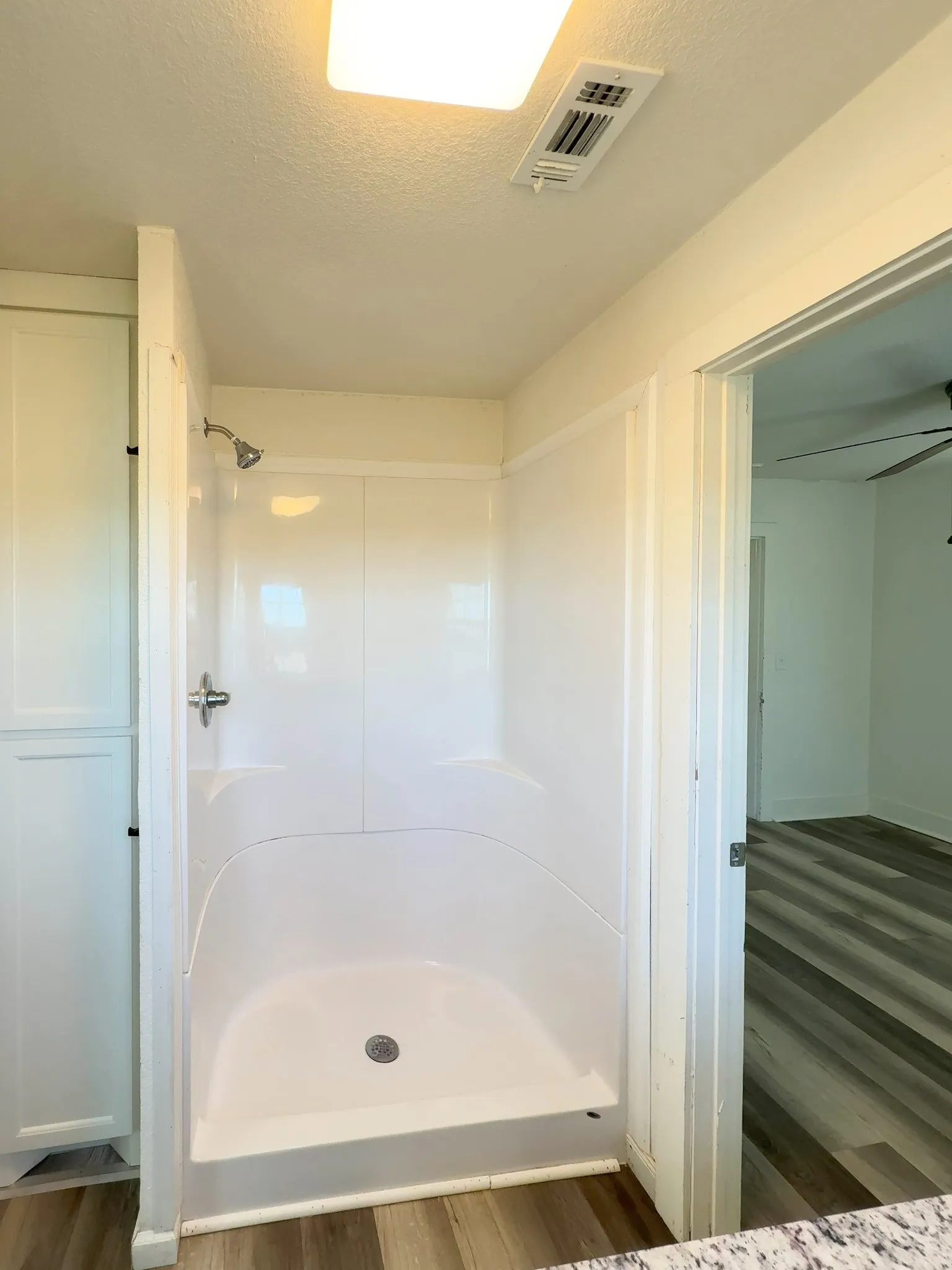 Walk-in shower in the shared Jack-and-Jill bathroom of this Oglesby, Texas home