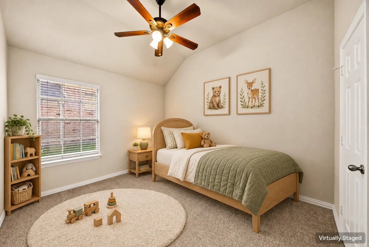 Vaulted ceiling with a ceiling fan, window with blinds, light-toned walls, and carpet flooring