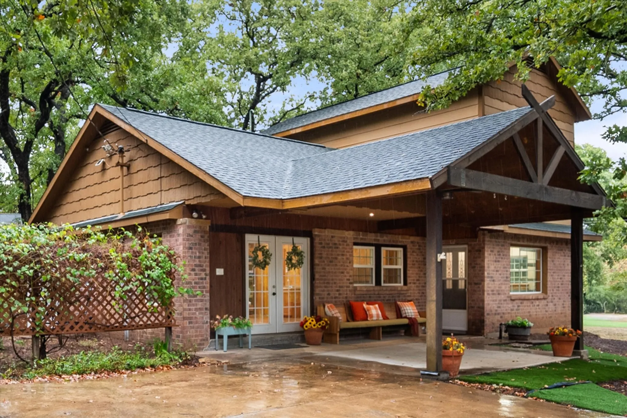 Brick exterior with wood siding accents