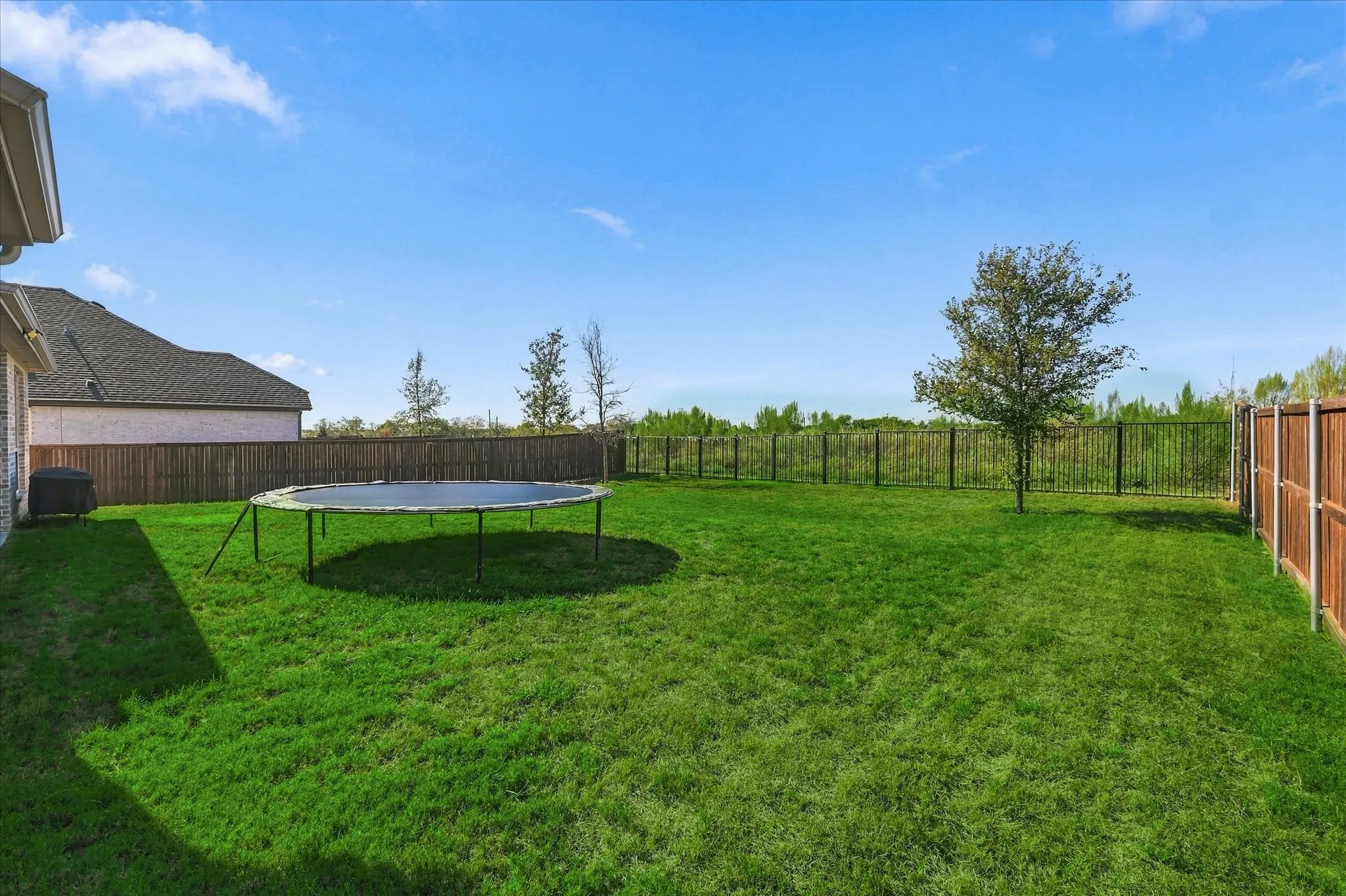 Expansive grassy yard with a privacy fence and mature tree