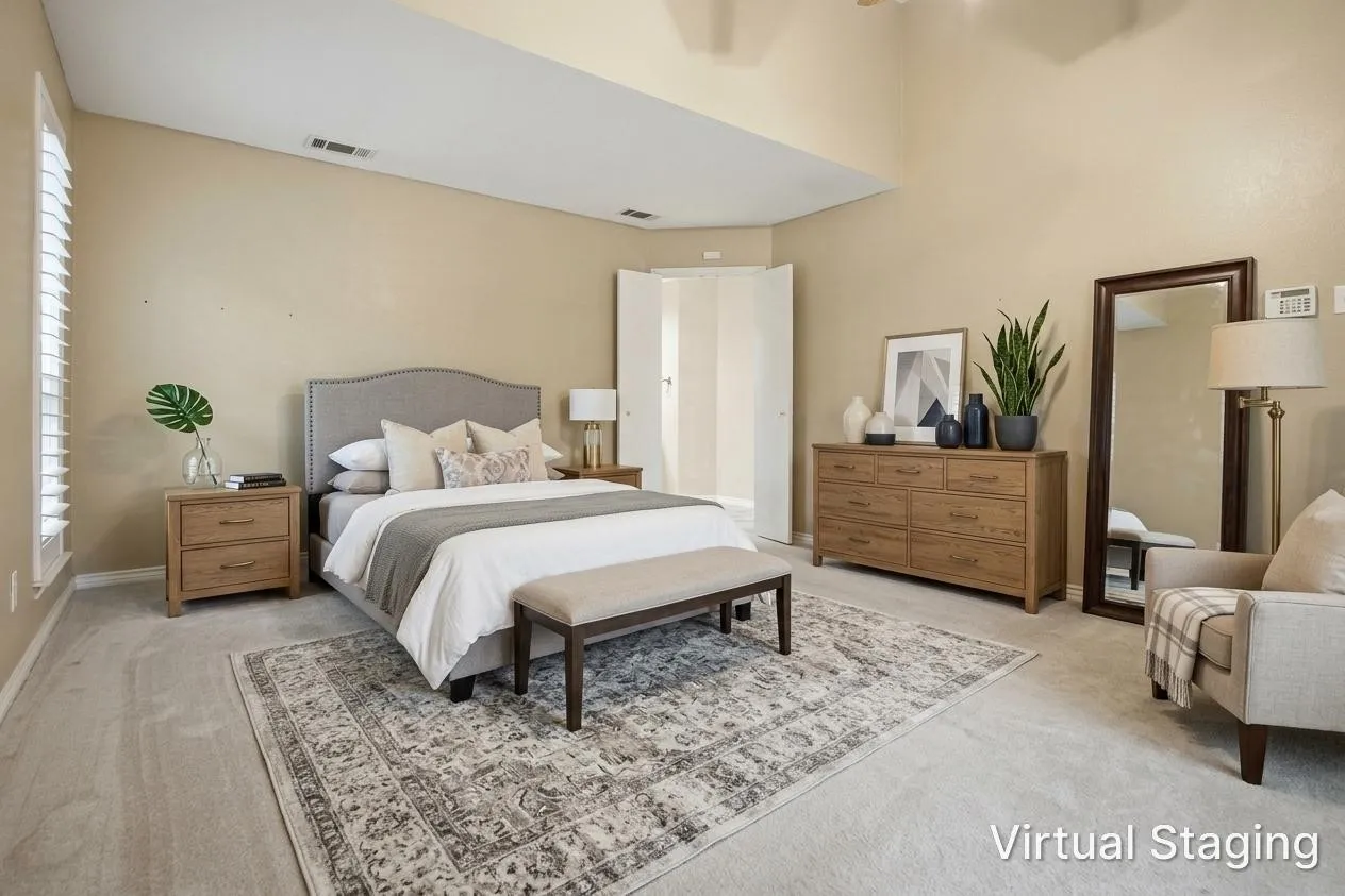 Vaulted ceilings, neutral wall tones, and light-colored carpeting