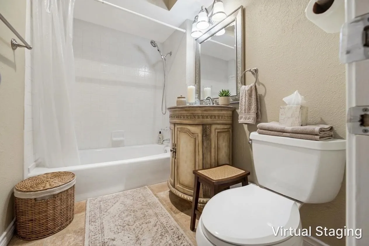 White subway tile bath surround, white tub, decorative vanity with an integrated sink, vanity mirror, and three-light vanity fixture