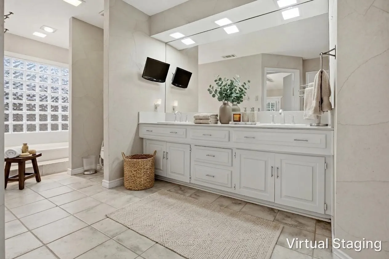 Dual vanity with white cabinetry, square vessel sinks, and integrated mirror