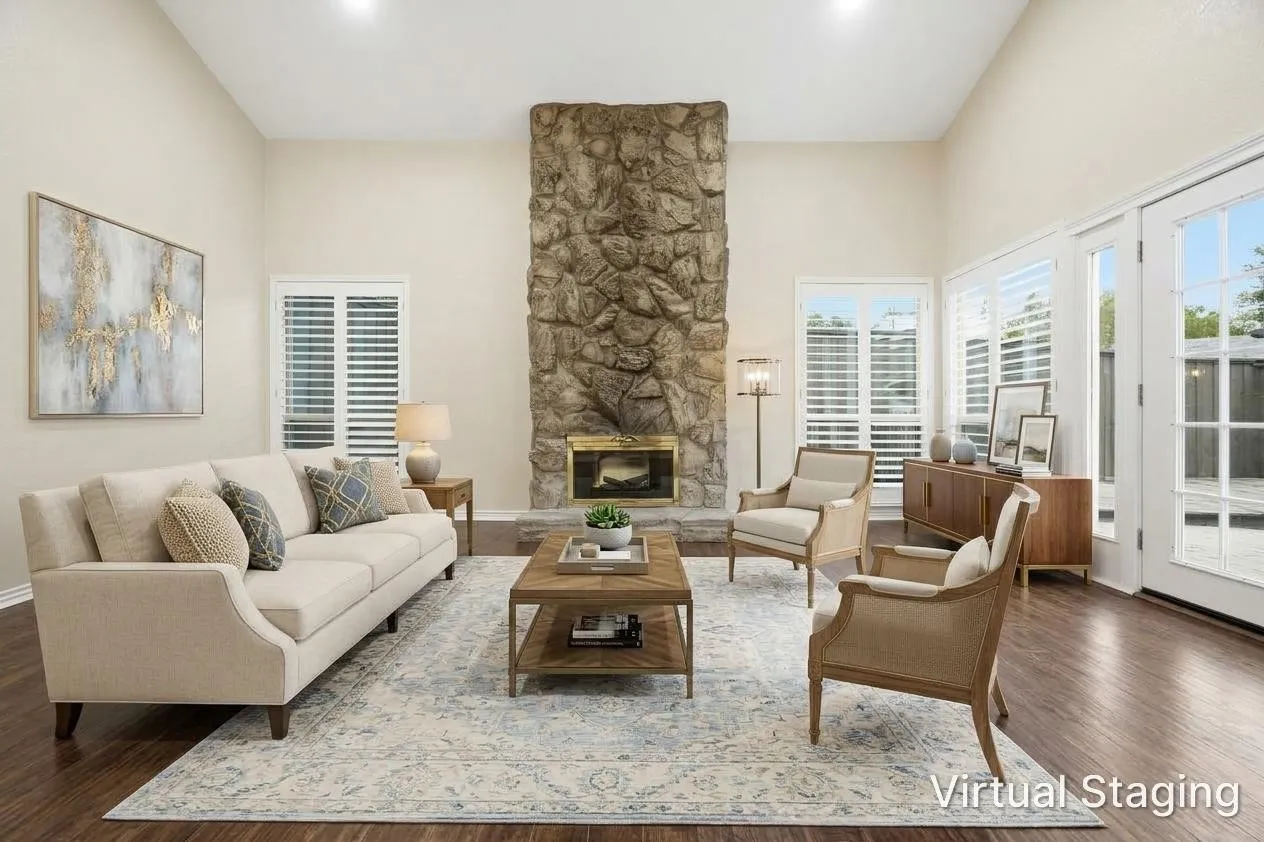 Vaulted ceiling living area featuring a prominent stone fireplace, wood-finish flooring, white plantation shutters, and French doors