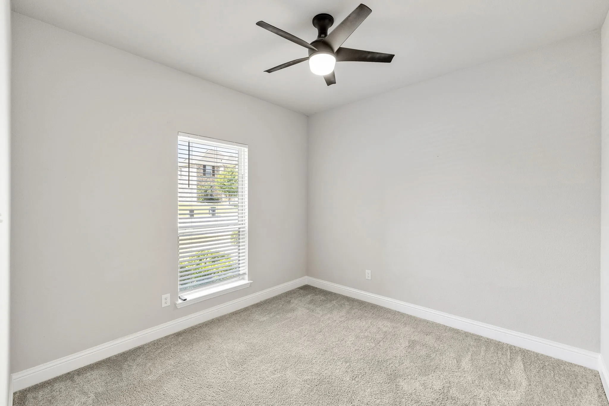 Neutral wall paint, ceiling fan with integrated lighting, window with blinds, and carpeting