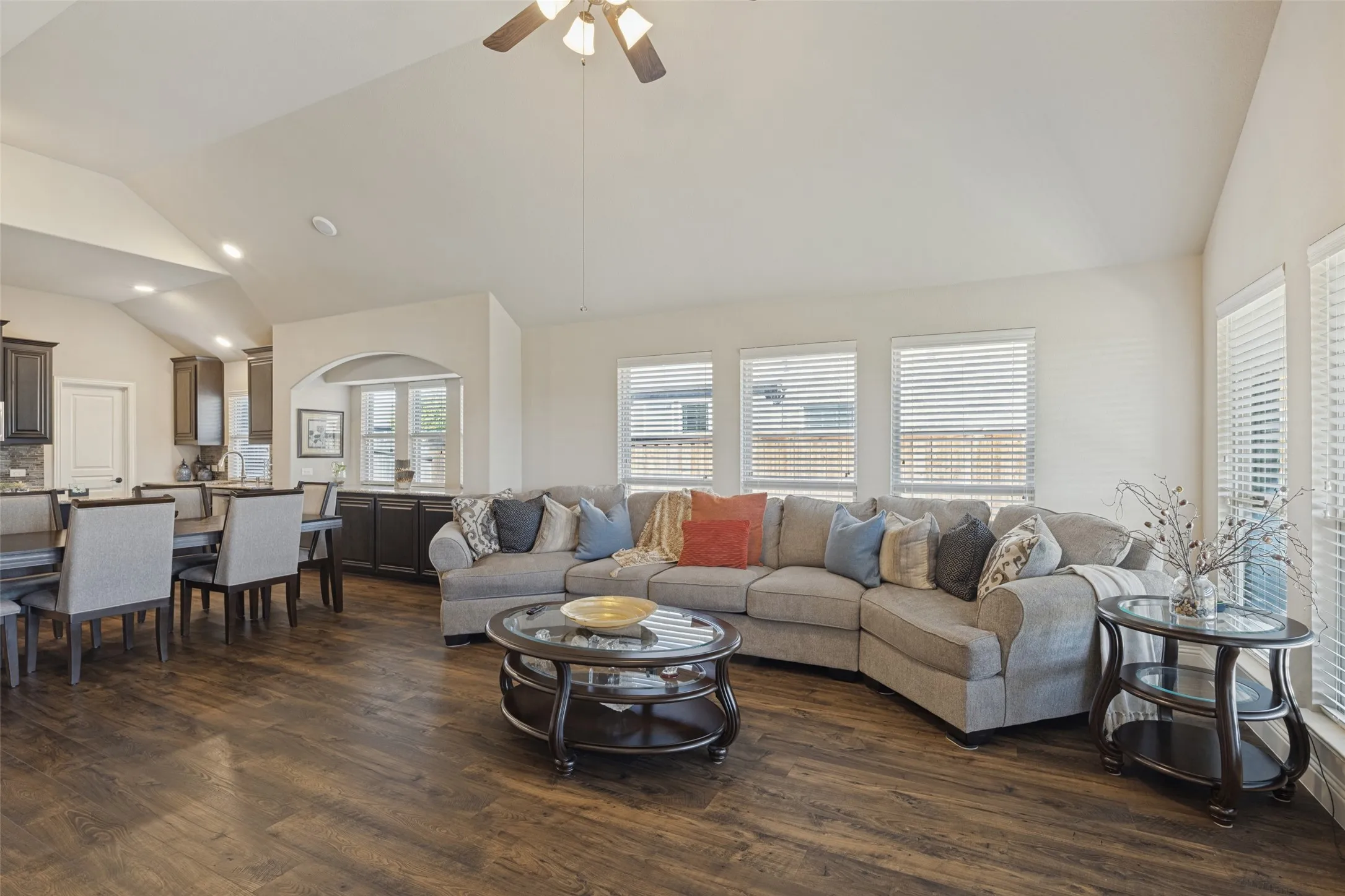 Another view of living are open to dining area.  Build-in cabinet off dining area.