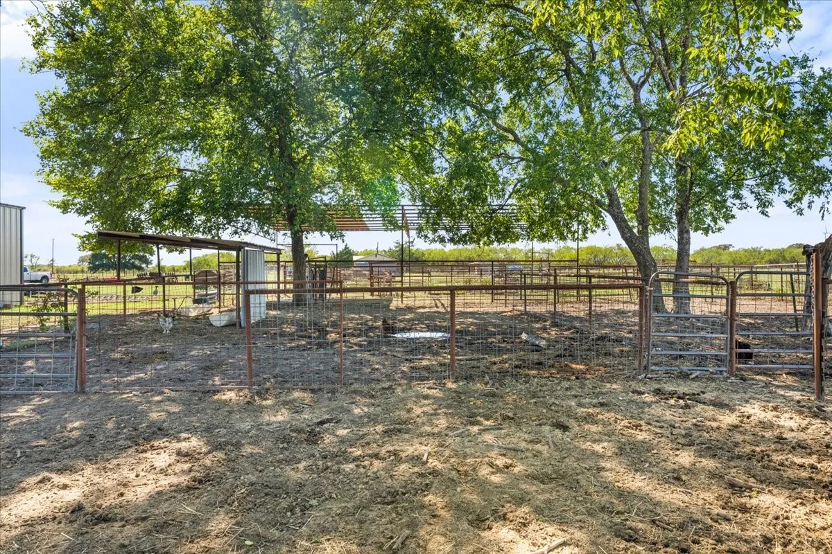 Fenced outdoor enclosure with multiple gated sections, mature trees, and a covered structure