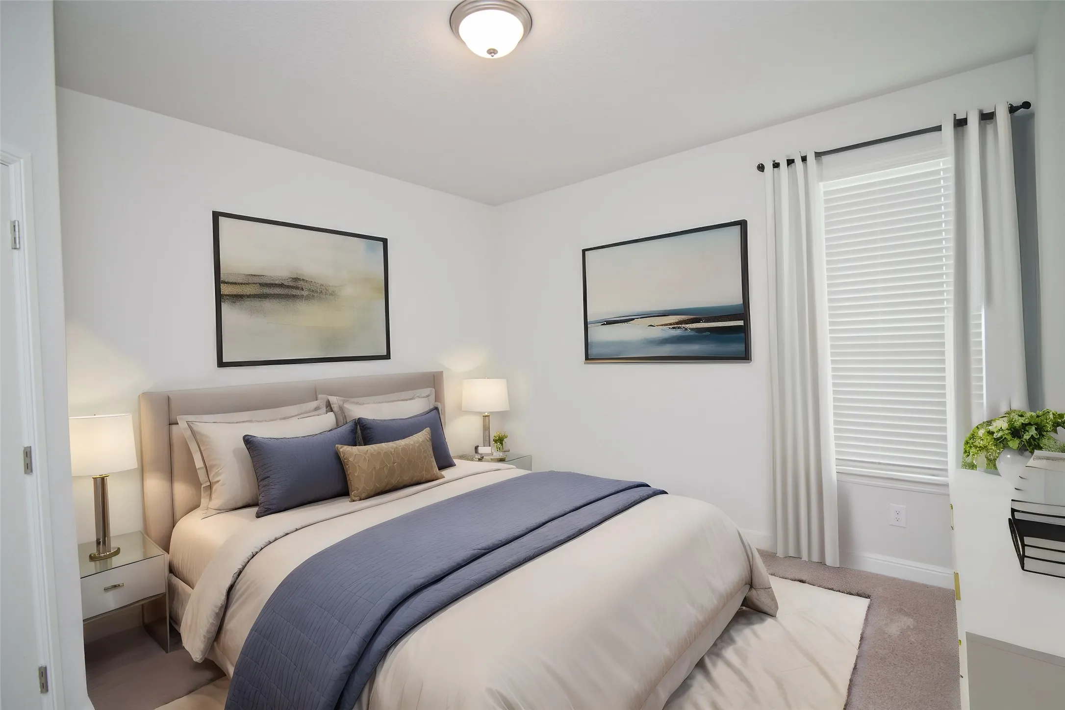 Neutral color palette, window with blinds and drapes, recessed lighting, and carpeted flooring