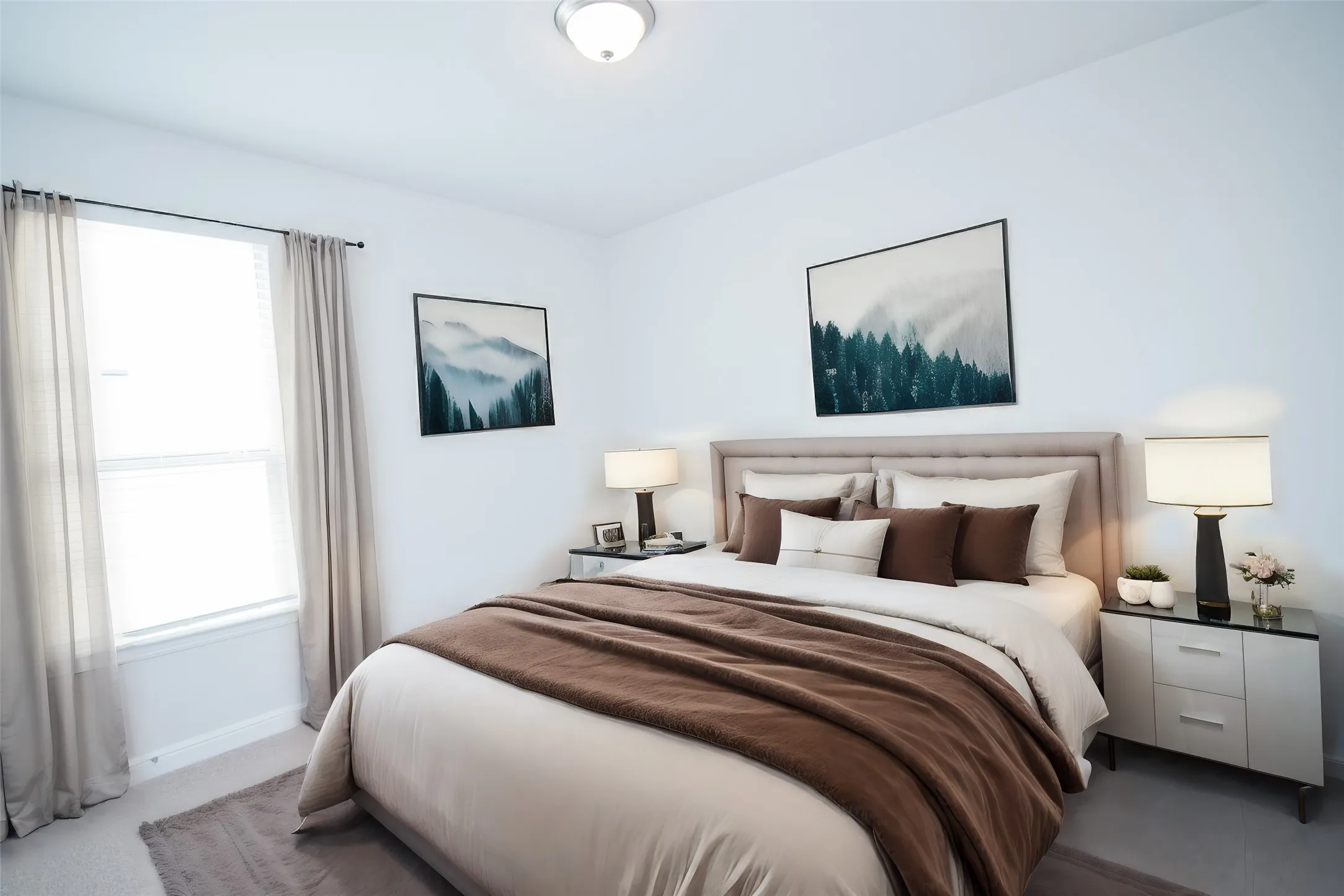 Recessed lighting, large window, carpeted flooring, upholstered headboard, ceiling-mounted light fixture