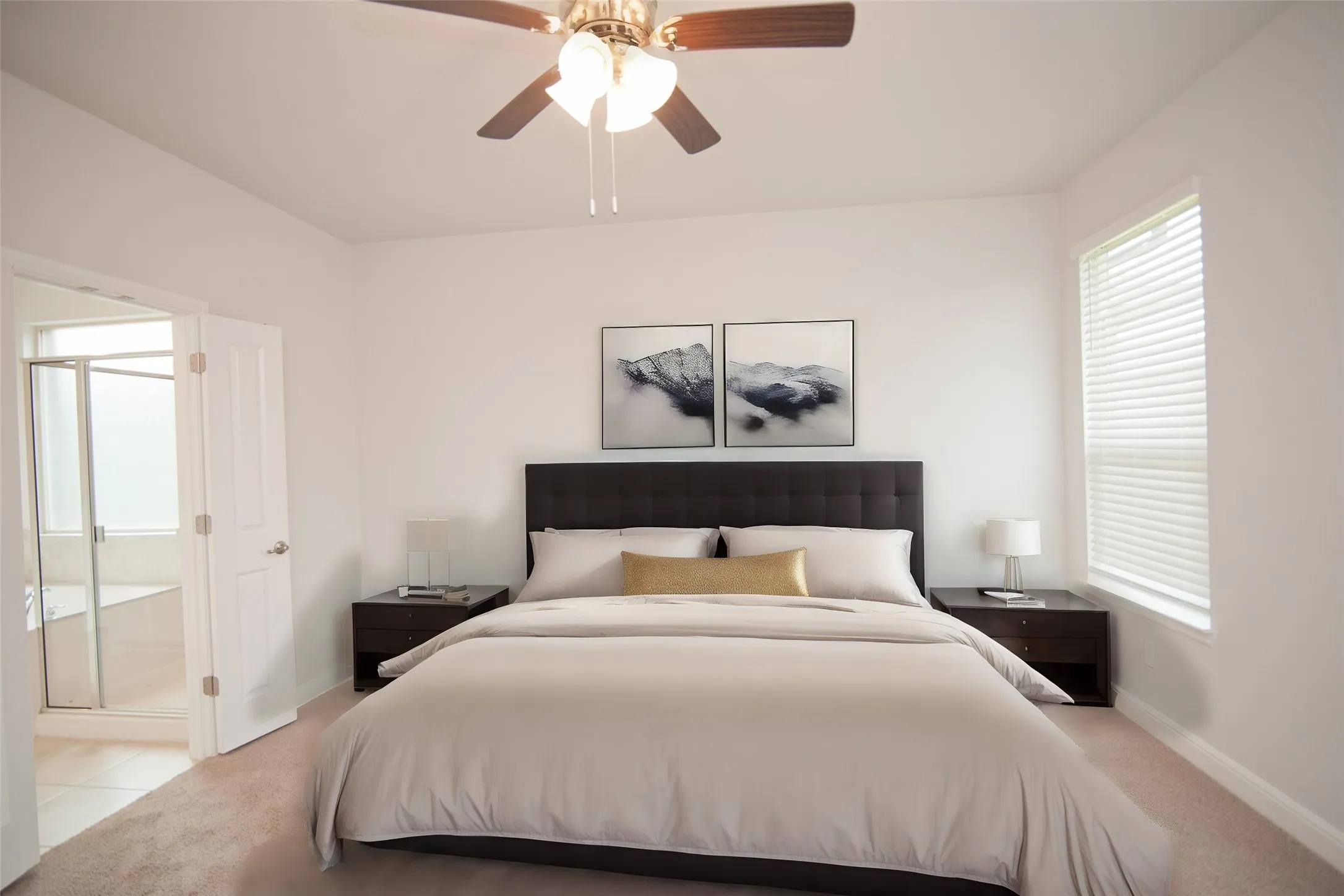 Carpeted flooring with a built-in ceiling fan, window with blinds, and white interior doors