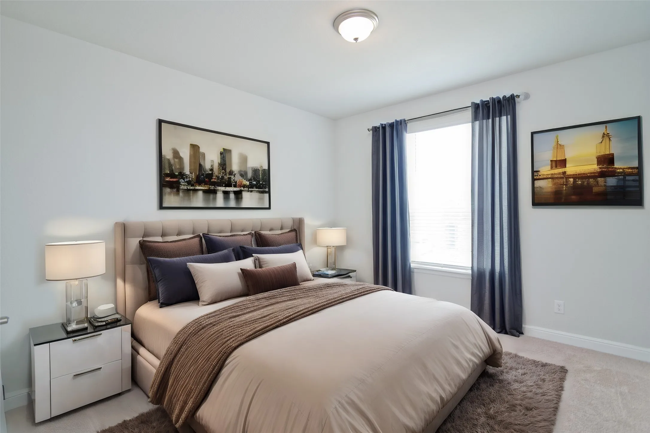 Window with blinds, wall-to-wall carpeting, and flush mount ceiling light