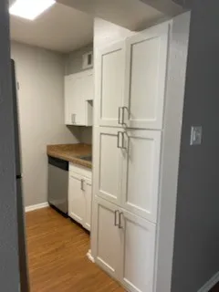 White shaker-style cabinetry with brushed nickel hardware, wood-finish flooring, and a stainless steel dishwasher