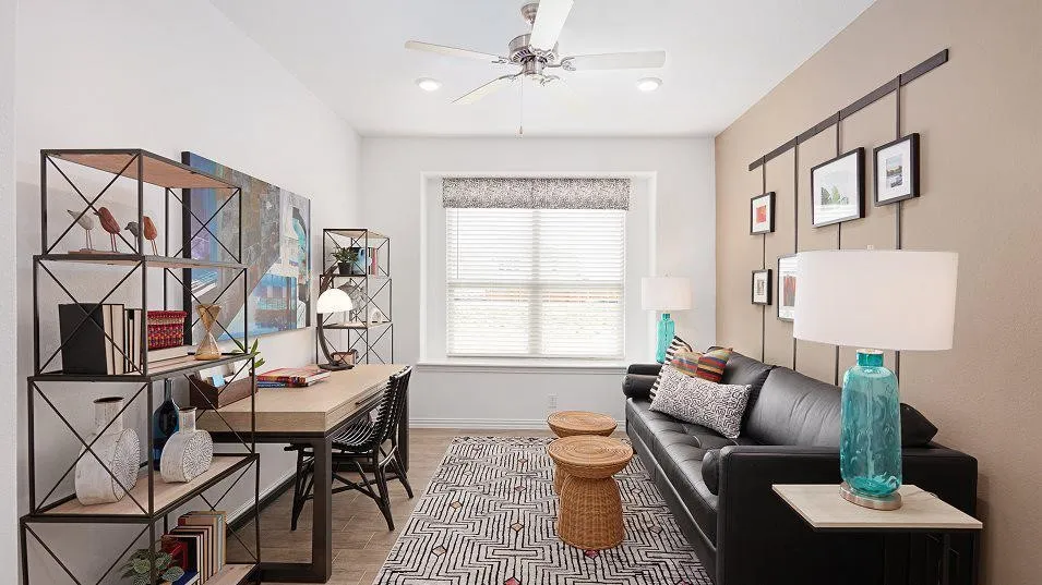 Recessed lighting, ceiling fan, window with blinds, and two-tone wall finishes