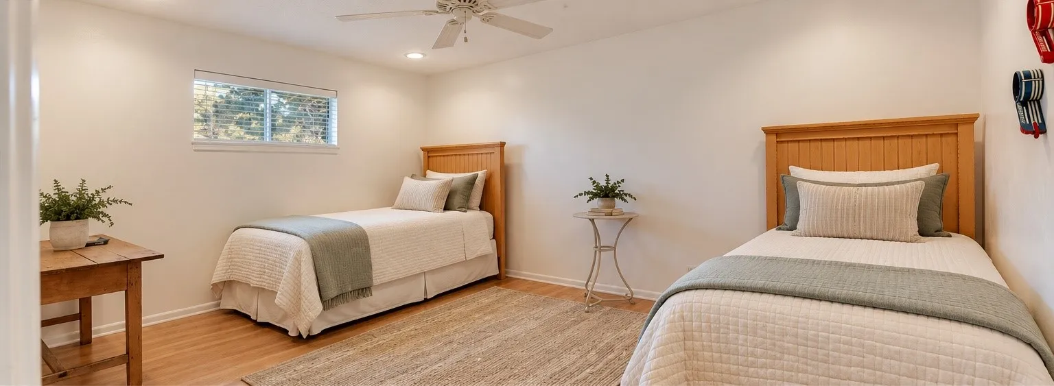 Virtual staged bedding. Recessed lighting, wood-finish flooring, and a ceiling fan