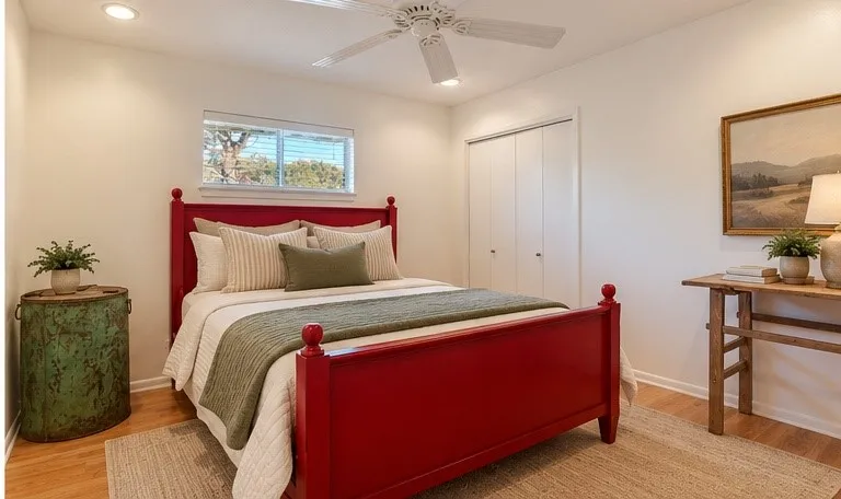 Virtual staged bedding. Light wood-finish flooring, recessed lighting, and a ceiling fan