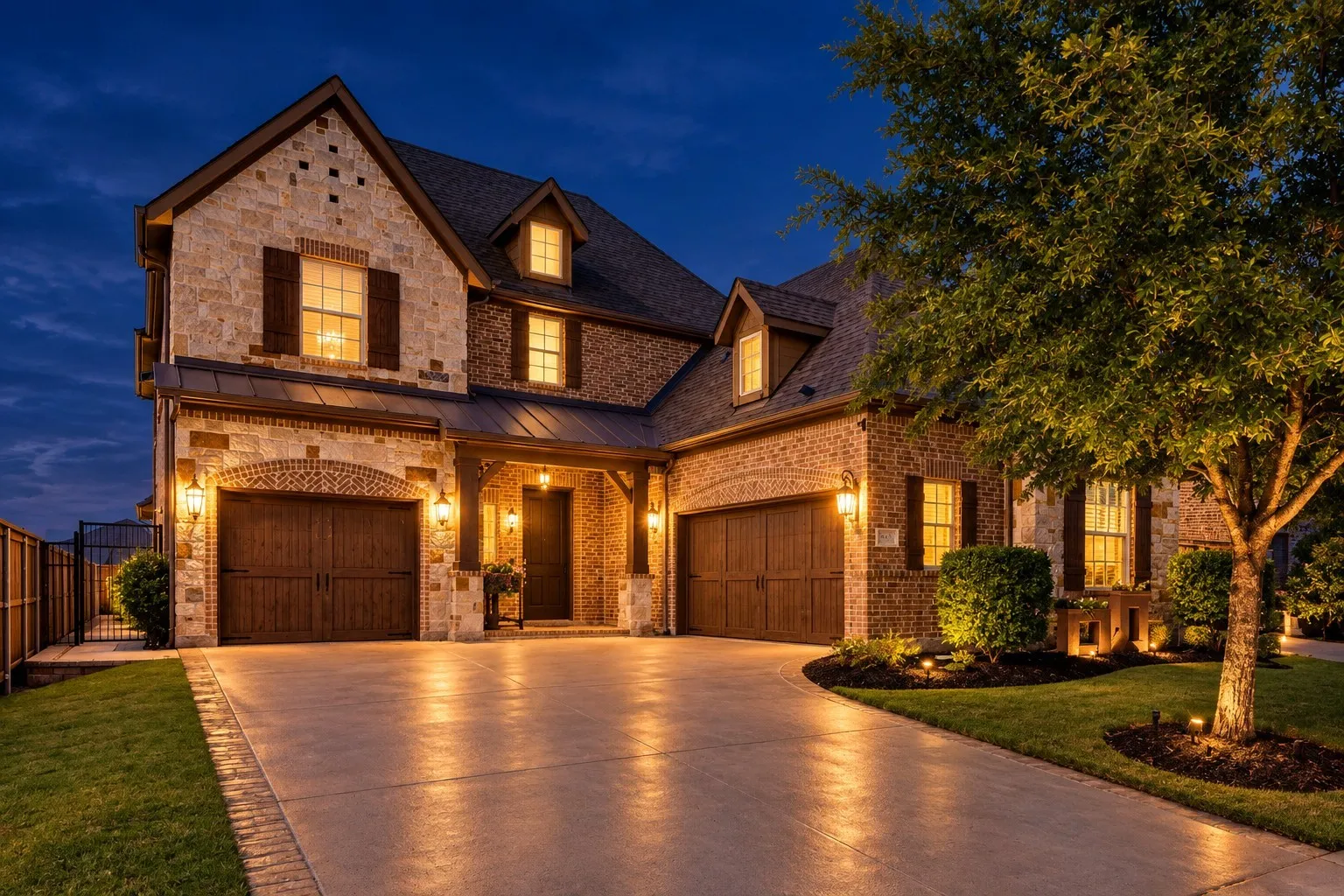Stone and brick exterior with covered entry, an arched two-car garage, and established landscaping