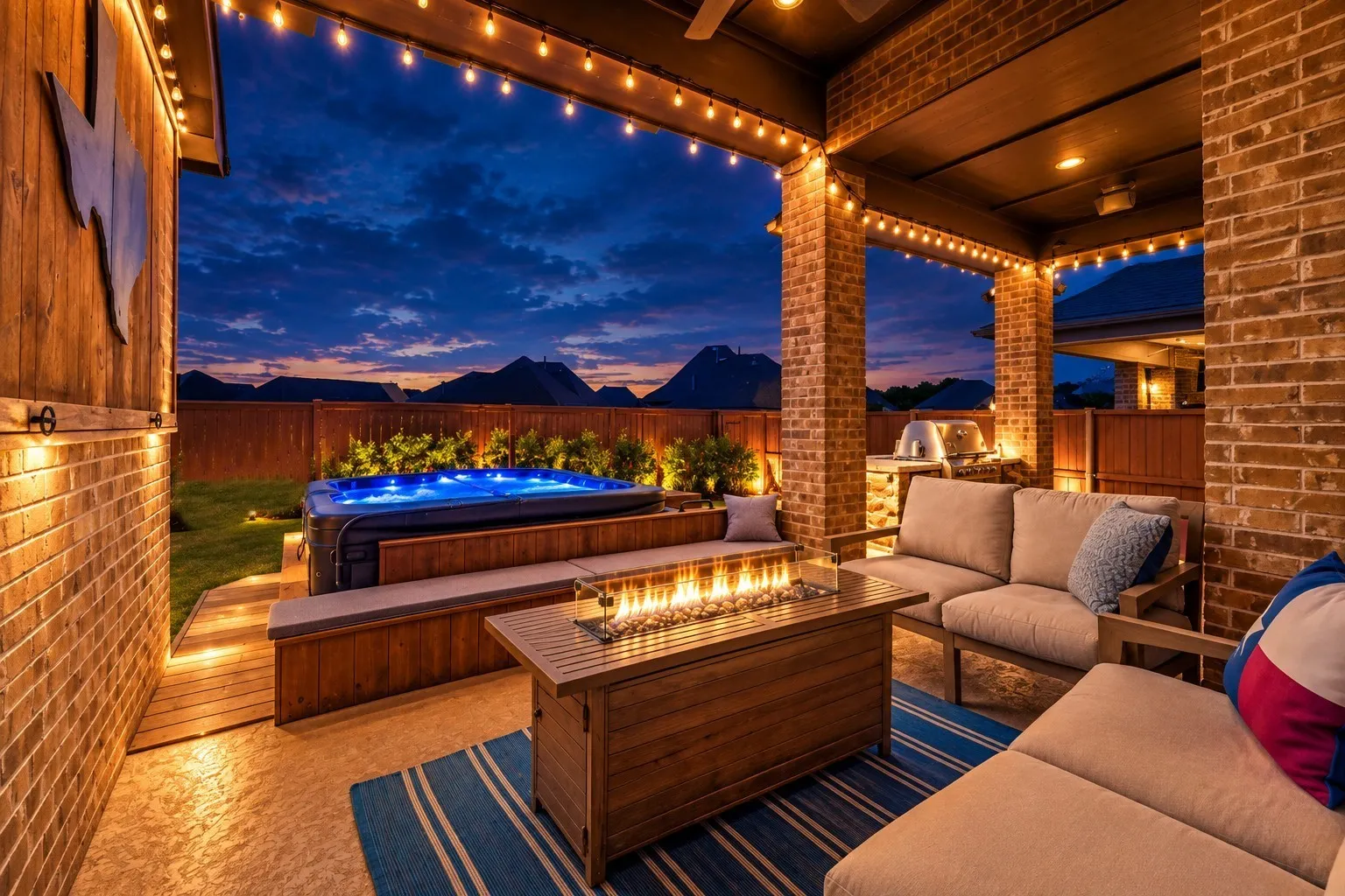 Covered patio featuring a built-in fire table, brick columns, and string lighting
