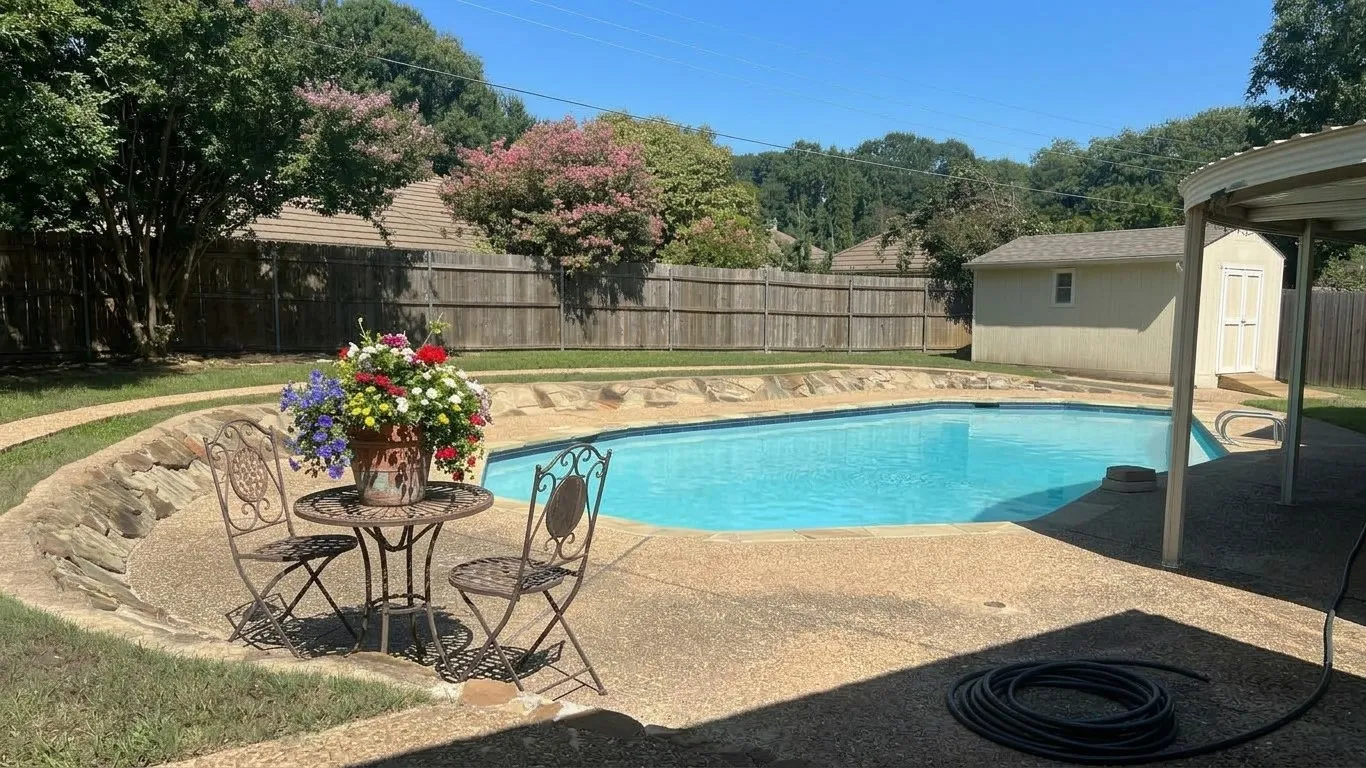 In-ground swimming pool with surrounding concrete patio