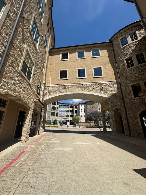 Stone-clad exterior architecture with multiple windows