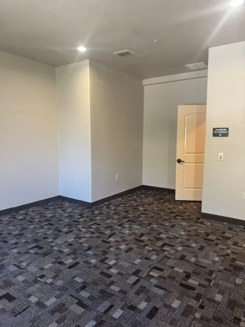 Recessed lighting, light gray walls, patterned carpet flooring, and a white interior door with a dark handle
